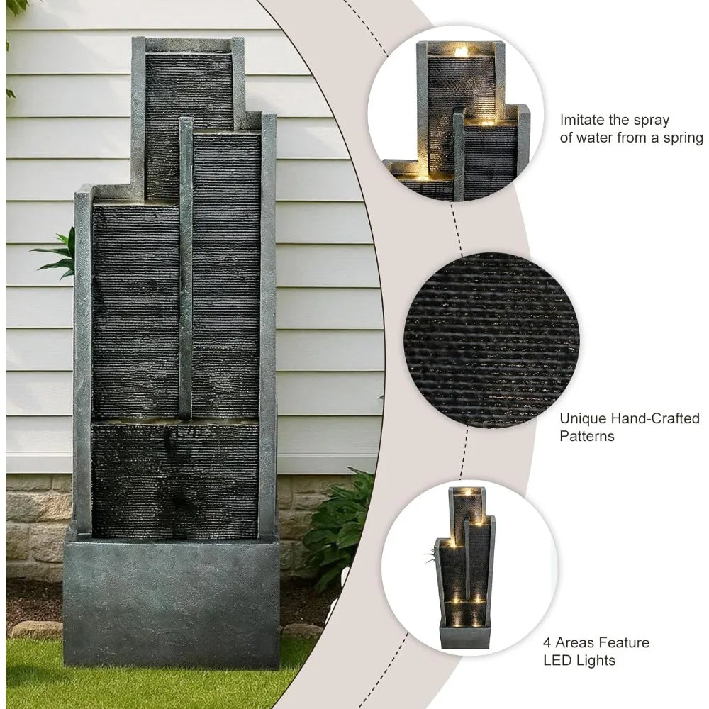 Water Fountain-Modern Outdoor Water Fountain with LED Lights Pump 50.7 Inch Tall Resin Cascading Waterfall for Garden Patio Backyard