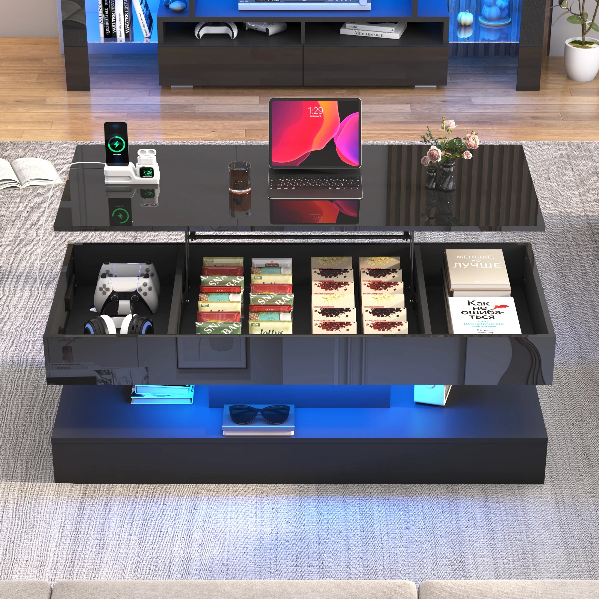 Coffee Table - Modern LED - Grey Marble Nesting (Set of 2) with Round End - Waterproof Surface & Metal Legs