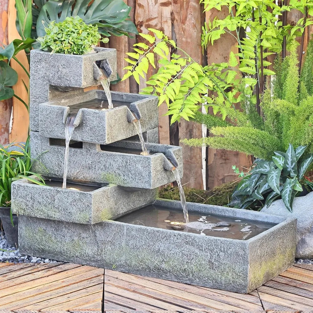 Water Fountain-LEDs Lights, Tiered Outdoor, Garden, Waterfall Indoor, Freestanding, Cascade, Fountain Concrete, Artistry, Modern Style