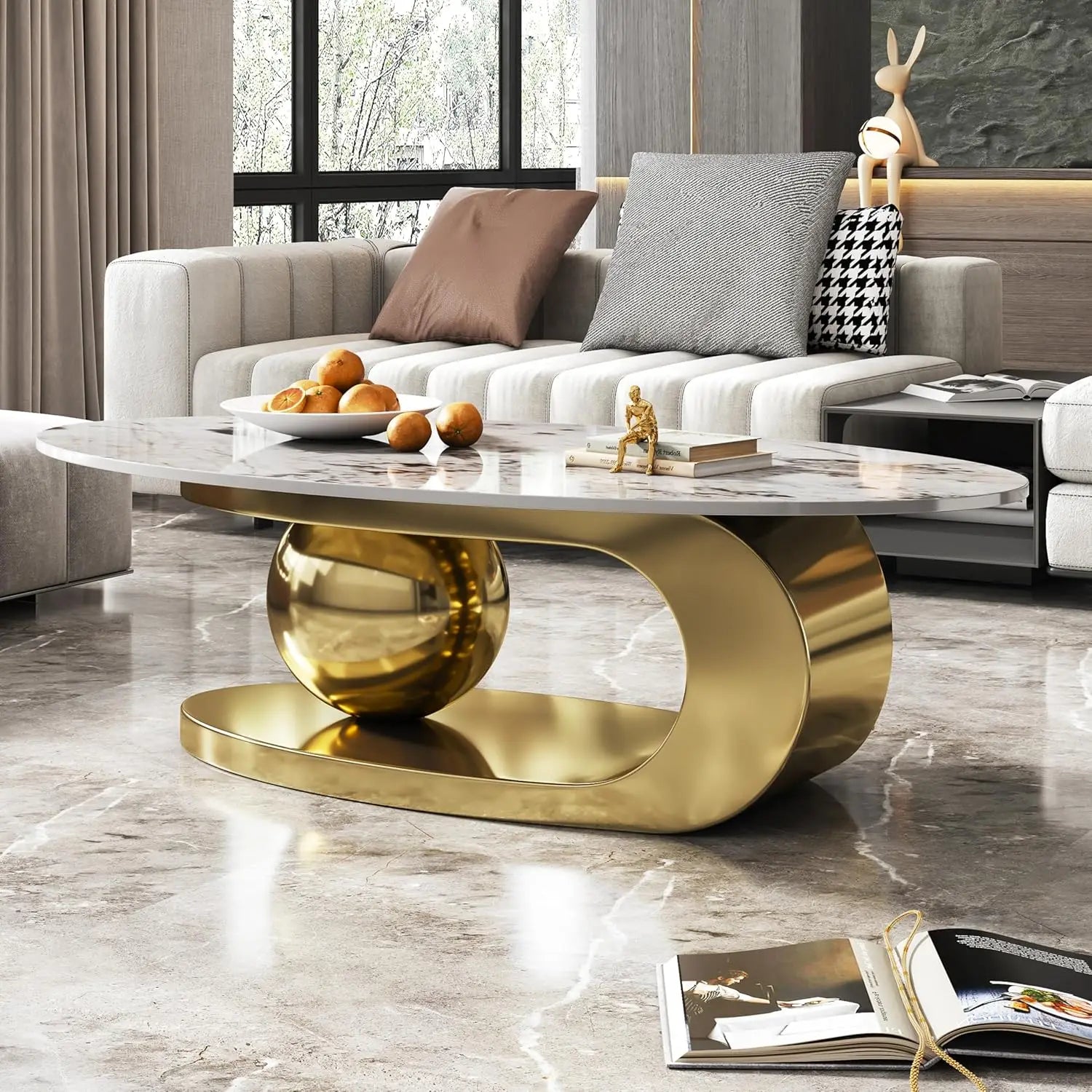 Coffee Table-Modern with Silver Stainless Steel Pedestal, Oval, Living Room Table, with Faux Marble Top, & Luxury, Customized