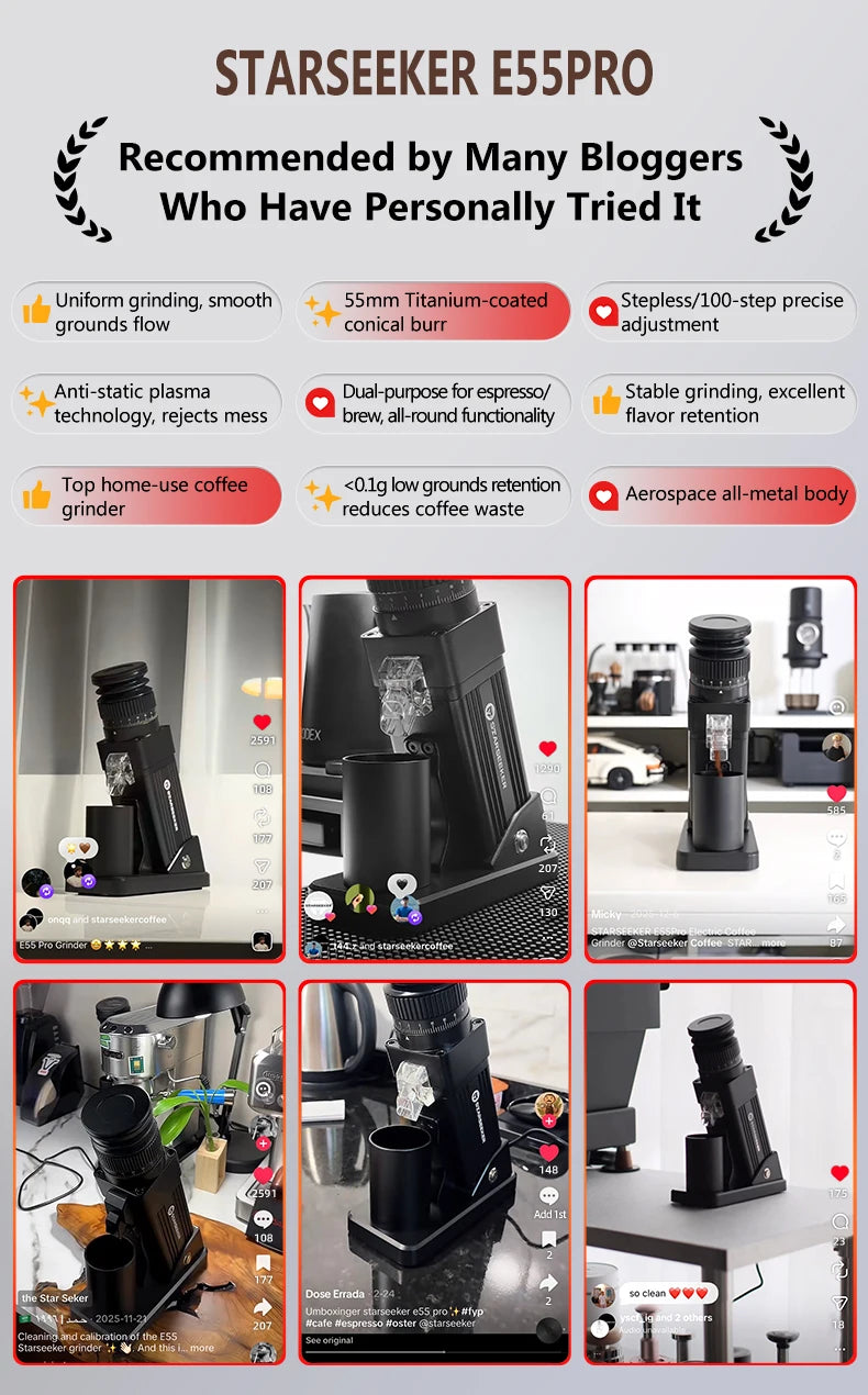 Coffee Grinder-Electric 55MM Espresso Cone burr Stepless Fineness Adjustment Cold Brew Bean Grinder STARSEEKER E55Pro