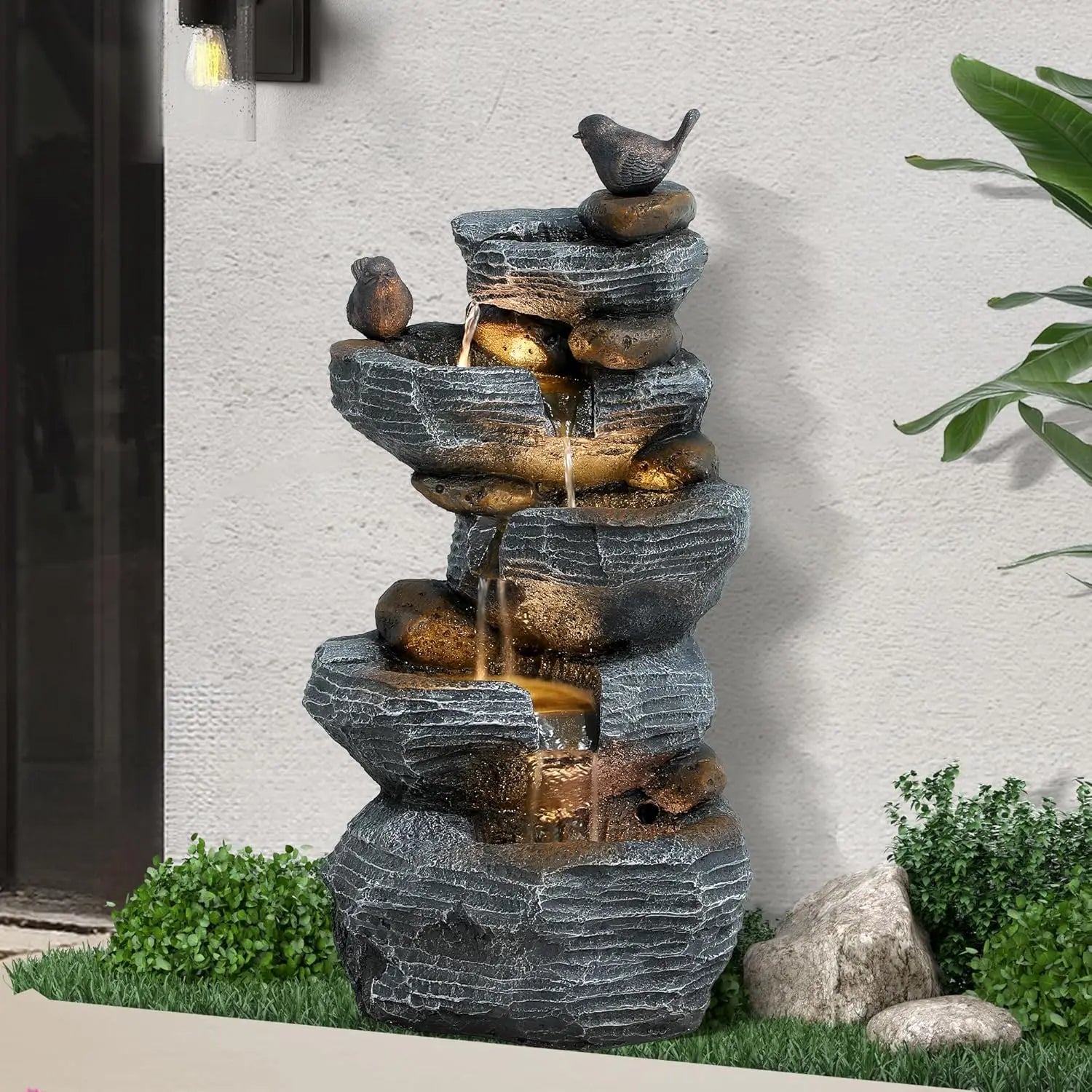 Water Fountain- 5-Tiers Cascading Rock Water Fountain Outdoor - Waterfalls Fountains with LED Lights, Outdoor/Indoor Resin Water Fountain