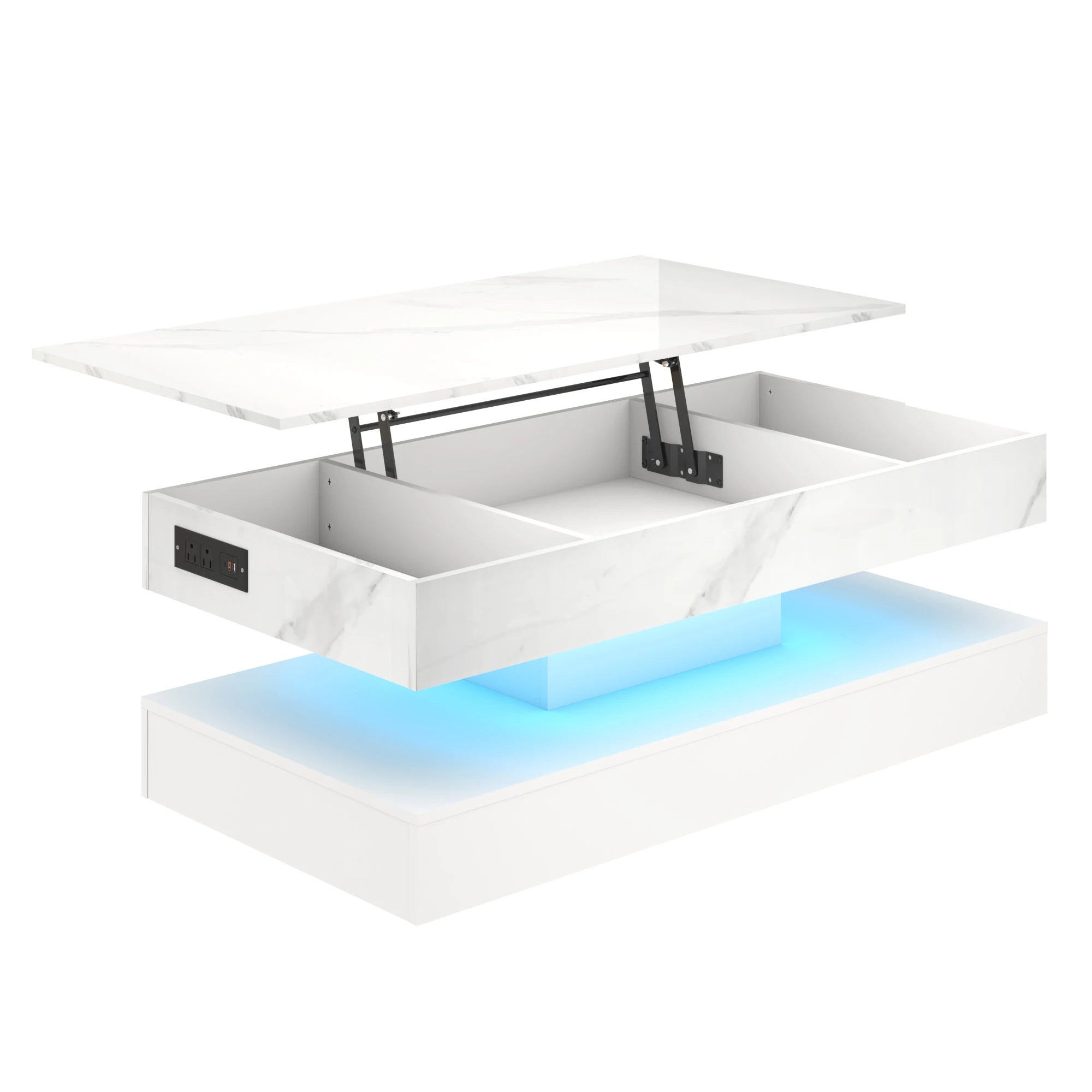Coffee Table - Modern LED - Grey Marble Nesting (Set of 2) with Round End - Waterproof Surface & Metal Legs