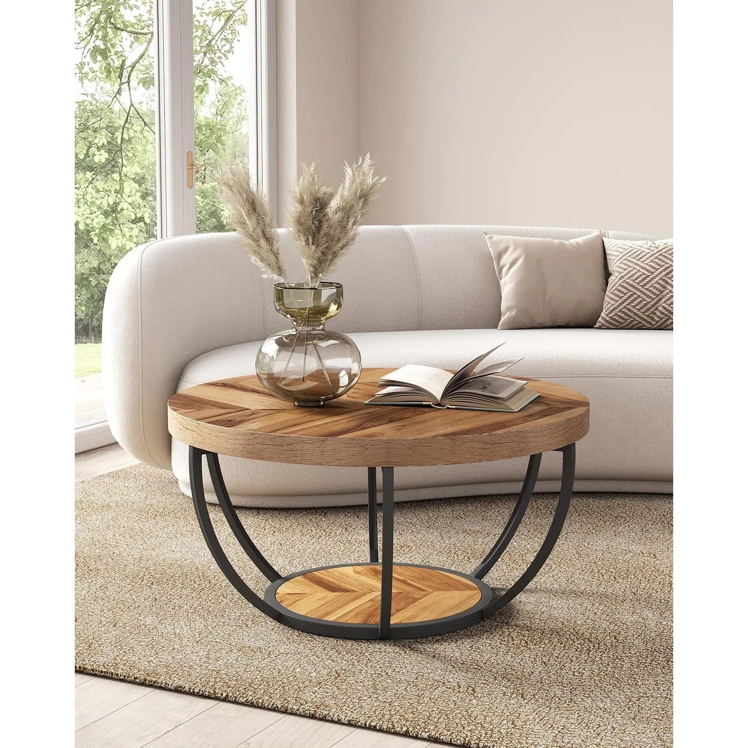 Accent Table-Circle Marble 32 inch – Modern Stylish 2-Tier Center Table with Golden Frame for Living Room