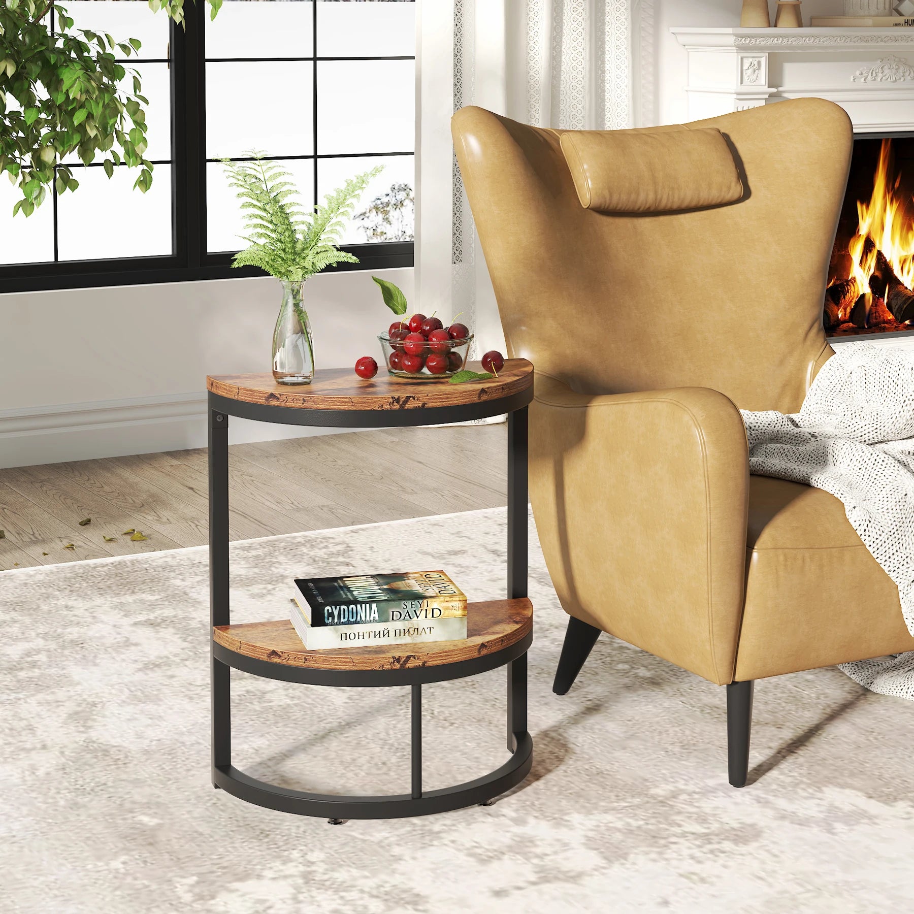 End Table-Semi Circle, Small Half Round, Side Table with Storage Shelf, Accent Table, Slim C Table for Sofa Couch, Tribesigns