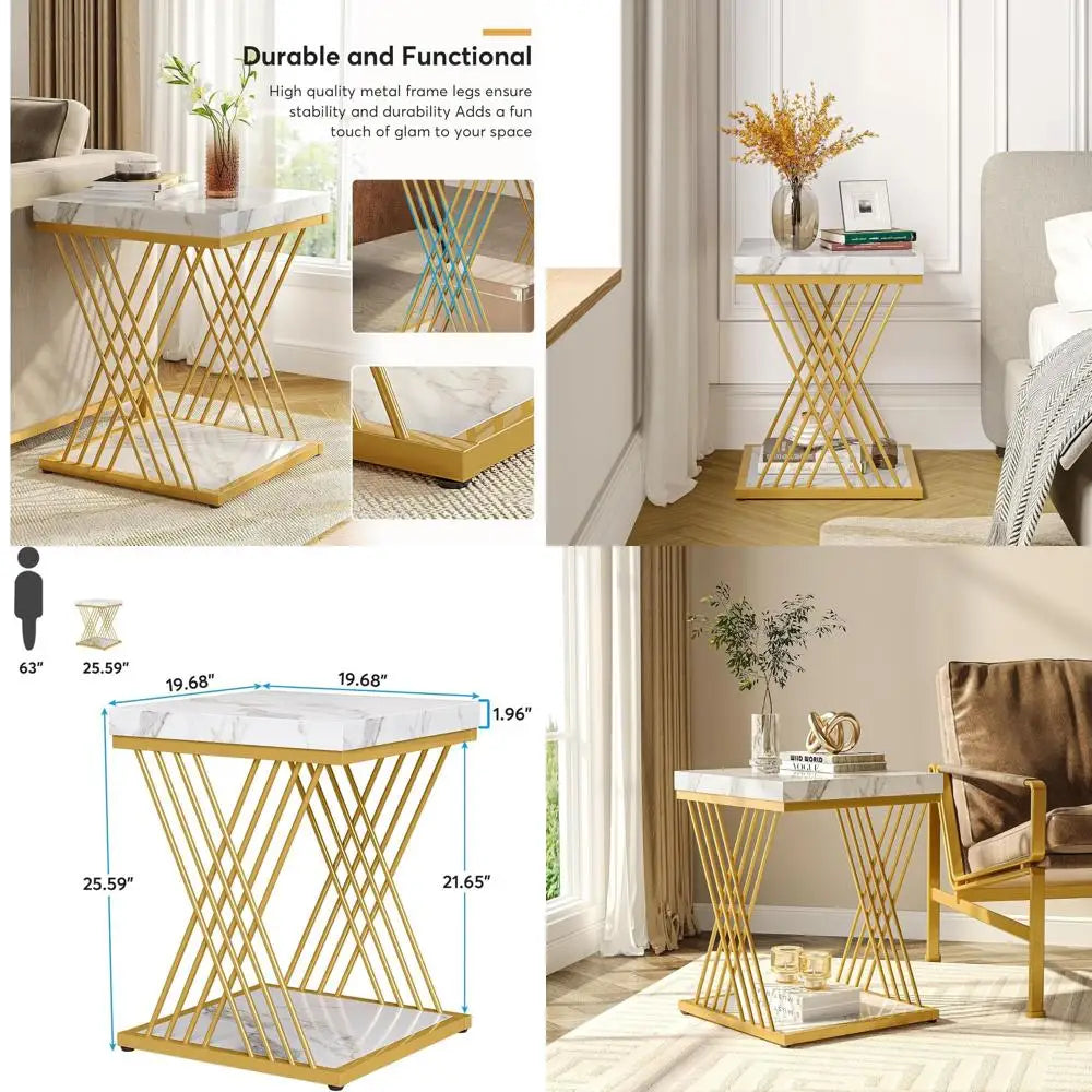 Accent Table-White Gold Marble, 2-Piece Set, Side Table Set, 2-Tier End Table