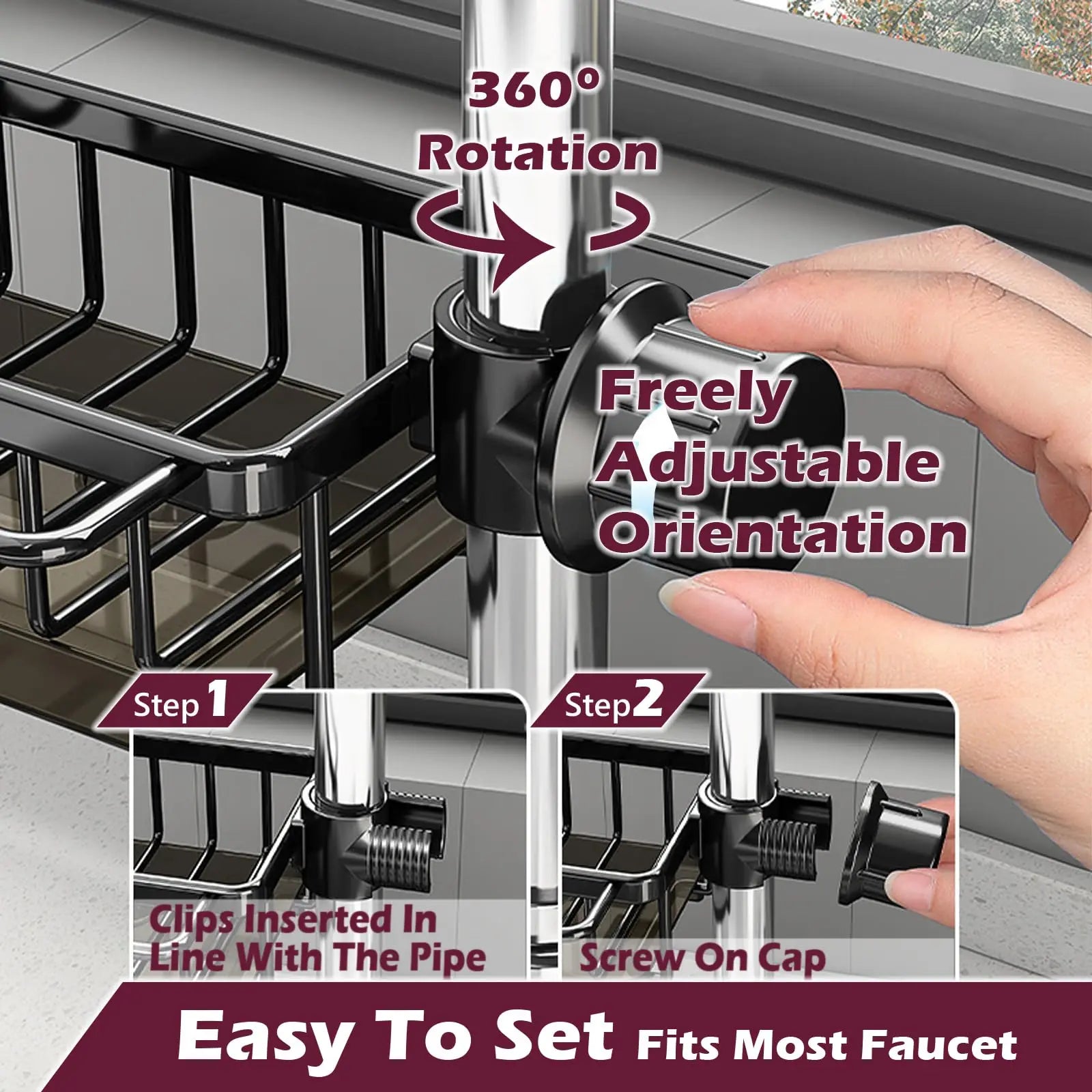 Kitchen Rack-Sink Faucet Organizer, Dish Sponge Holder, Adjustable Over Faucet for 0.7-1.1inch Round Water Pipe Rack