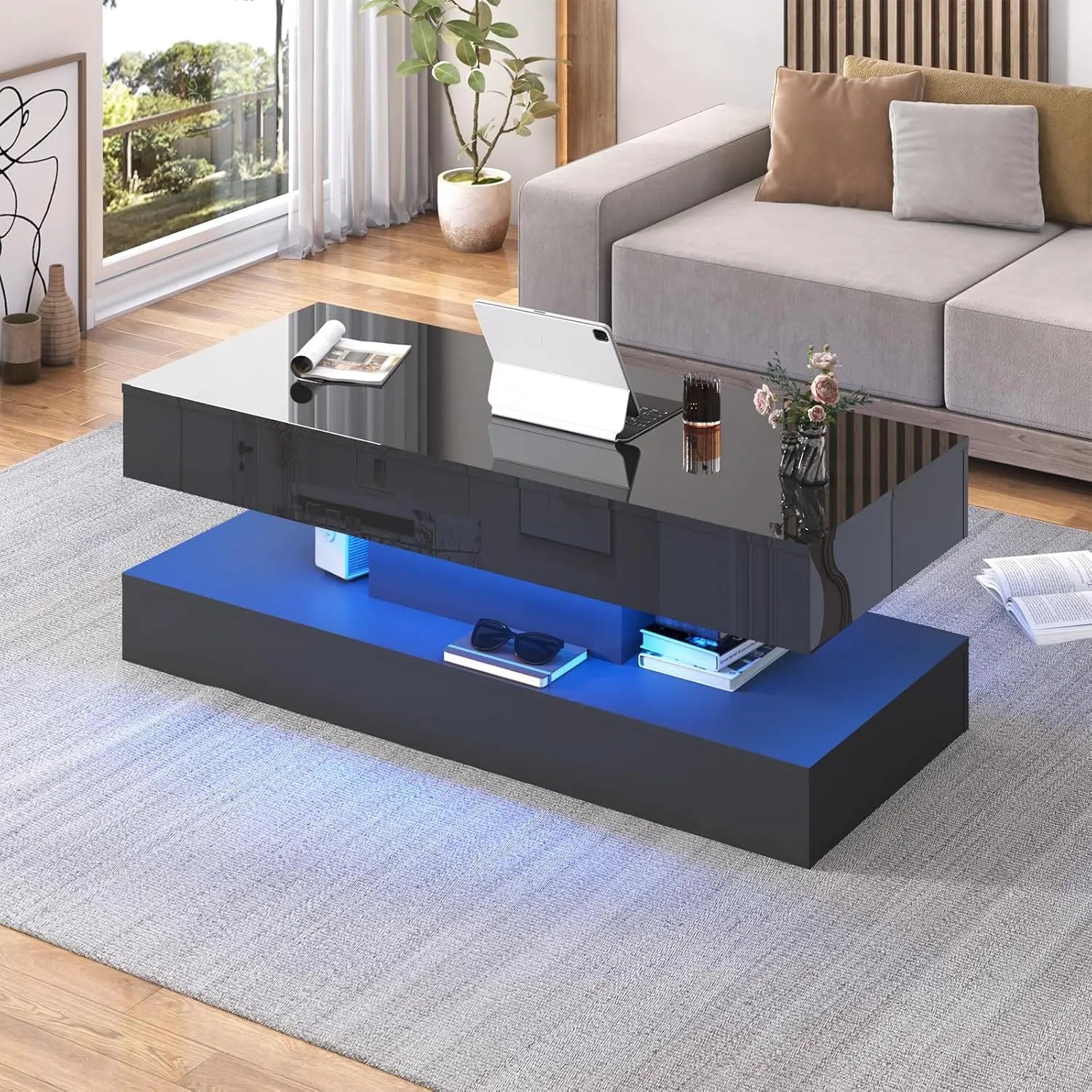 Coffee Table-47.2 High Glossy LED Coffee Table, Modern Center Table with 2 Storage Drawers for Living Room