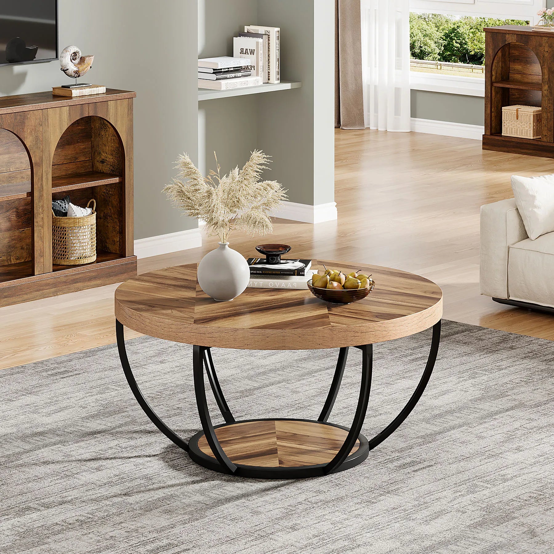 Coffee Table-Tribesigns 31.7 inch Round Coffee Table, Industrial 2-Tier Circle Coffee Table with Storage Shelves, Modern Wooden Accent Table