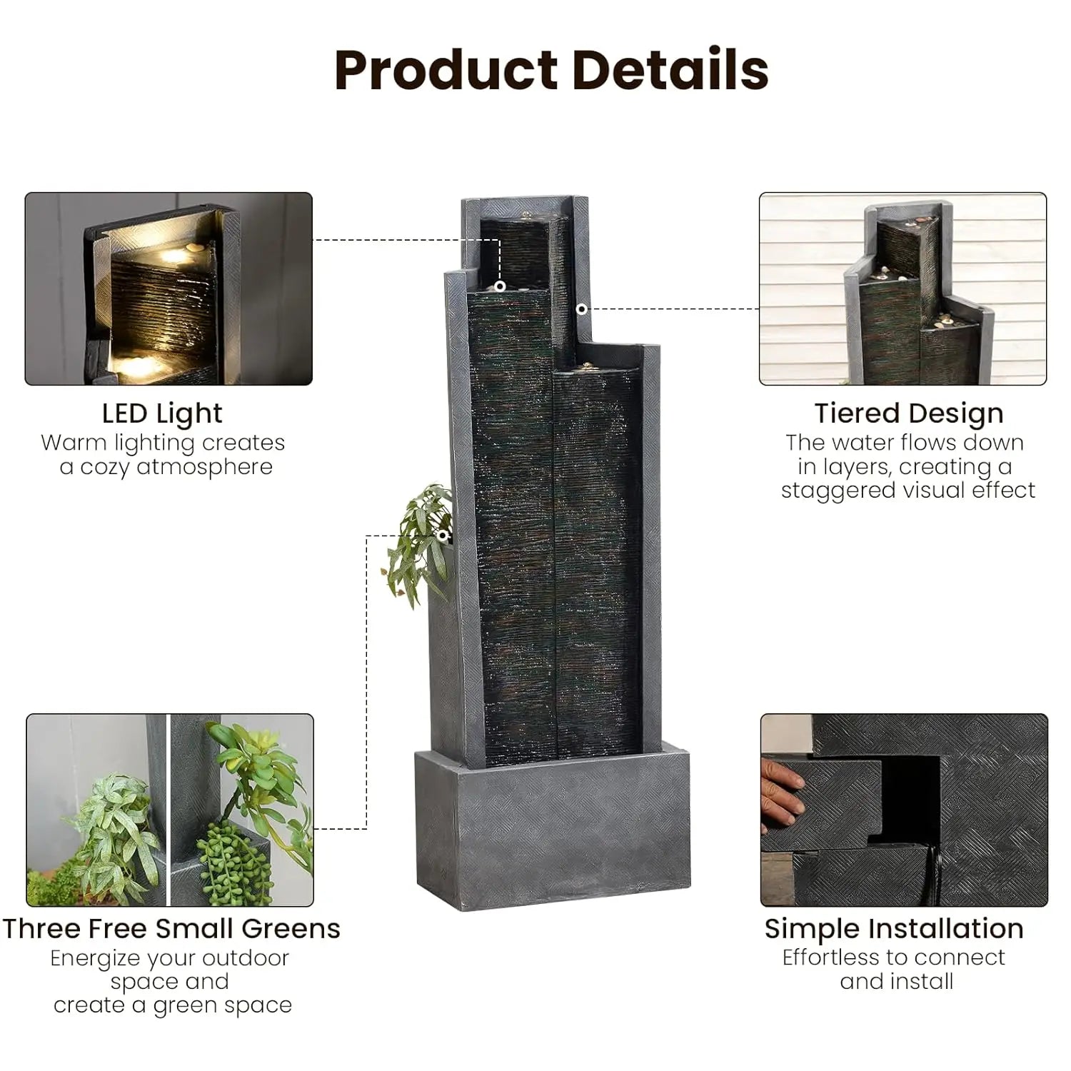 Water Fountain-49.6" H Garden Fountain Outdoor Modern Cascading Indoor Water Fountain Tall Floor - Standing Fountain with Lights, Customized