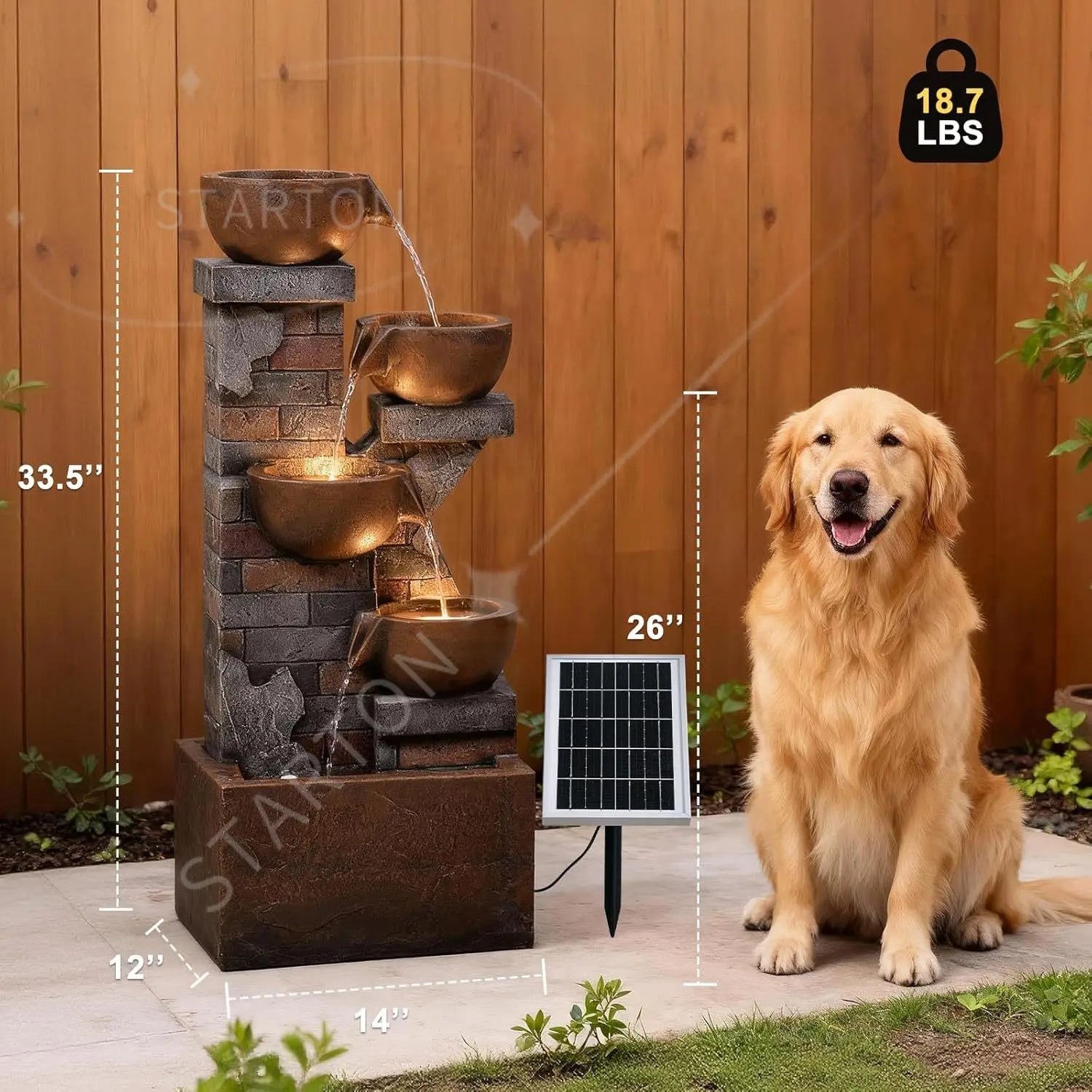 Water Fountain-5 Tiers, Solar, Outdoor, 33.5" H Shape K Waterfall Fountain with LED Lights for Patio, Balconies, Lawns