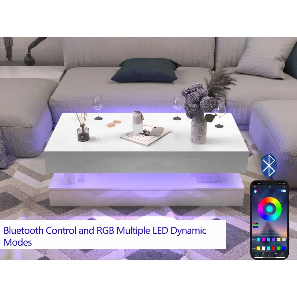 Coffee Table-47.2 High Glossy LED Coffee Table, Modern Center Table with 2 Storage Drawers for Living Room