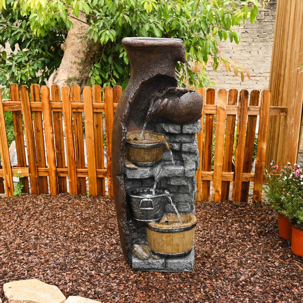 Water Fountain-LED lights, 6 Tier Waterfall, Floor Standing, Indoor/Outdoor, Bowl Stone