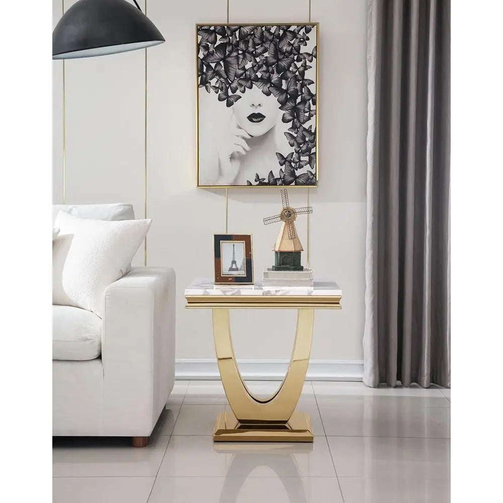 Coffee Table-Table Set, Marble Coffee Table, Square End Side Tables, Stainless Steel Legs, 2-Piece Living Room