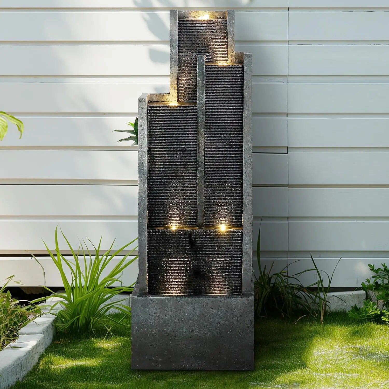 Water Fountain-LED Lights, Garden Water Fountain, 5-Tier, 50.7 in Floor Standing, Cascading Feature, Deck Patio, Porch, Yard