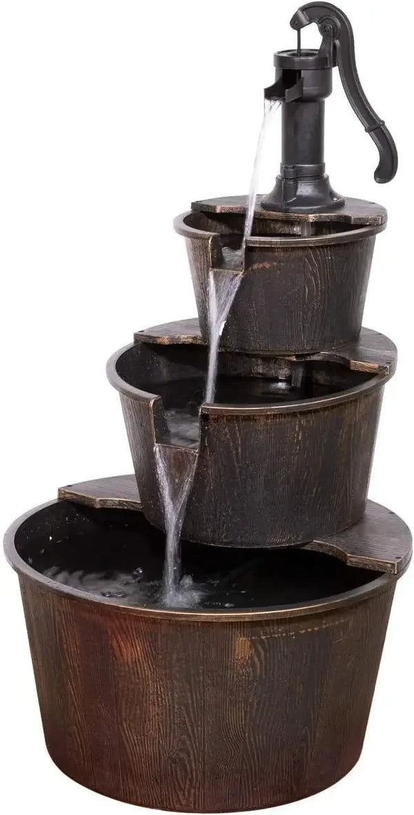 Water Fountain - Outdoor Floor Tiered, Rustic Pump and Barrel, Old-Fashioned Waterfall, 40 in Tall, Garden, Patio, Yard