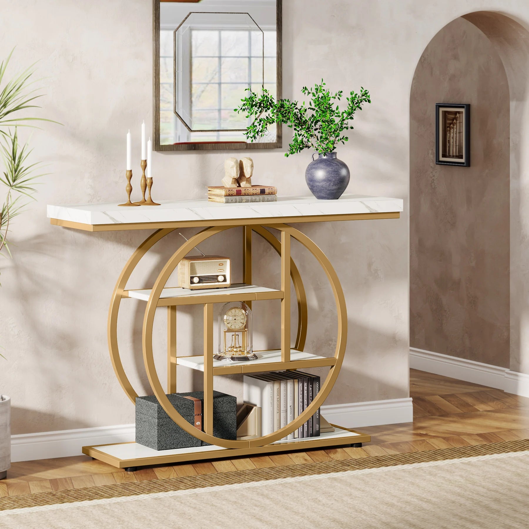 Accent Table-Modern Console Table, Gold, Sofa Table, Behind Couch, 4 Tier Storage, Entryway, Tribesigns