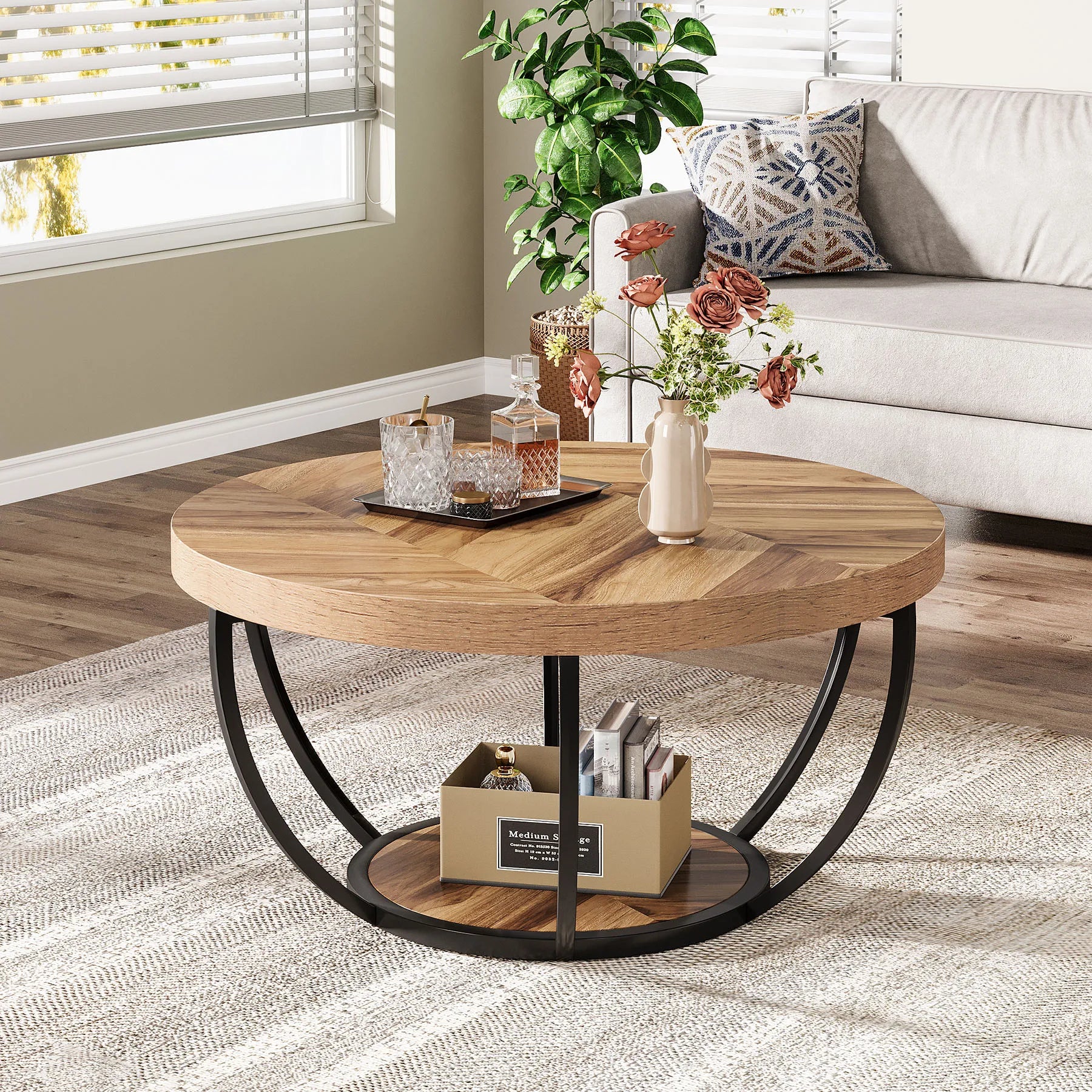 Coffee Table-Tribesigns 31.7 inch Round Coffee Table, Industrial 2-Tier Circle Coffee Table with Storage Shelves, Modern Wooden Accent Table