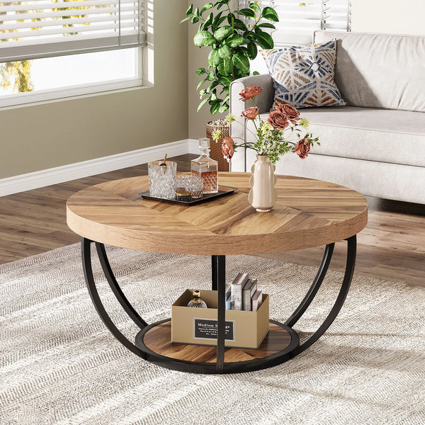 Coffee Table-Tribesigns 31.7 inch Round Coffee Table, Industrial 2-Tier Circle Coffee Table with Storage Shelves, Modern Wooden Accent Table
