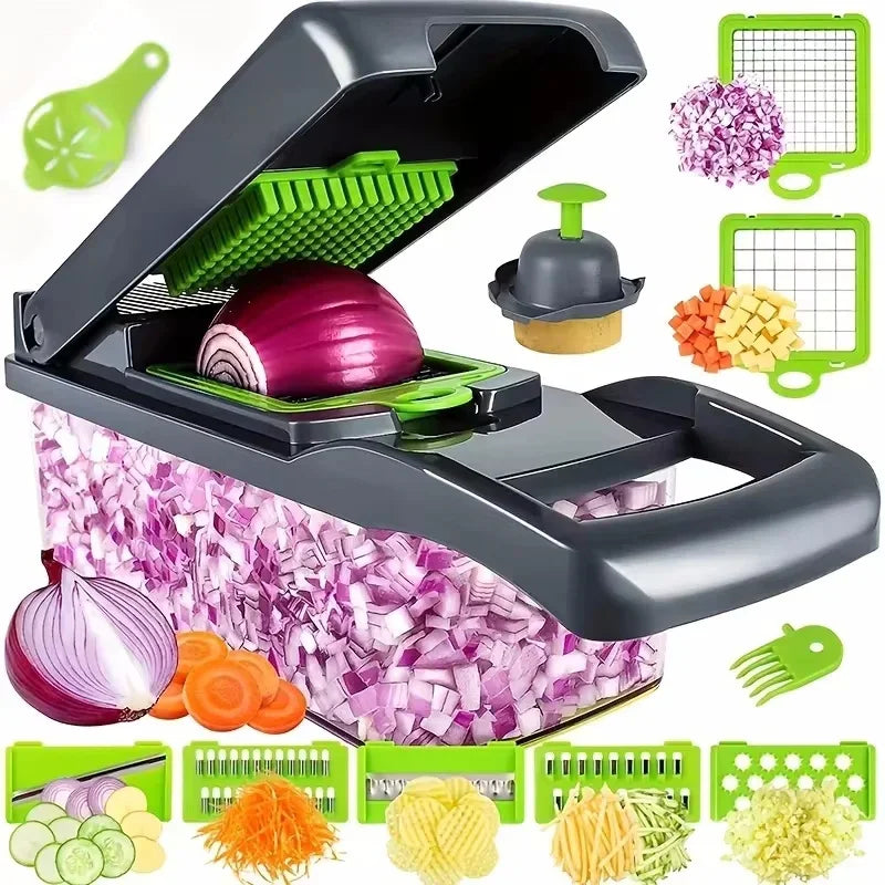 Kitchen-Multifunctional Vegetable Chopper & Slicer 14/16-in-1 with Basket – Shredder & Grinder for Fruits & Veggies