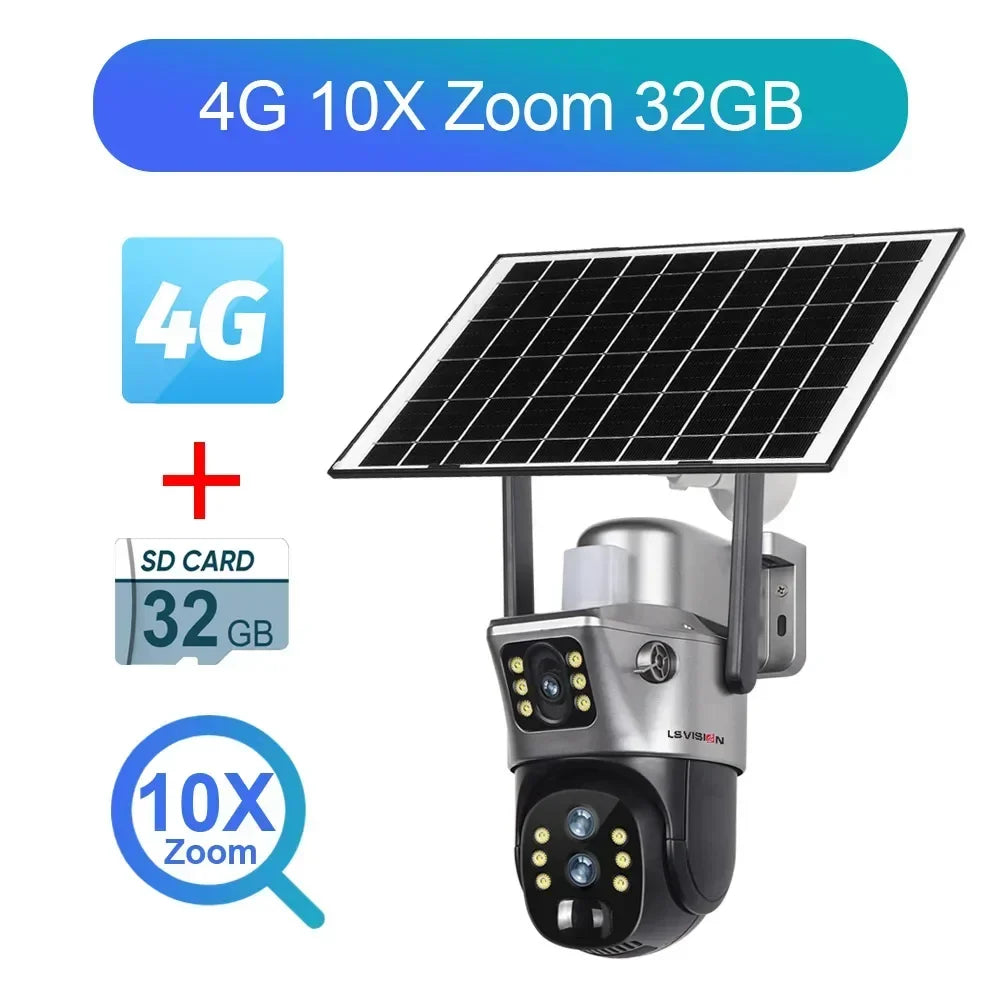 Home Security: Camera: LS VISION 12MP 10X Zoom Dual Screen Solar Camera 6K Ultra HD | Outdoor Surveillance | 4G/WiFi | Three-Lens System | Human Auto Tracking | V380 Pro App