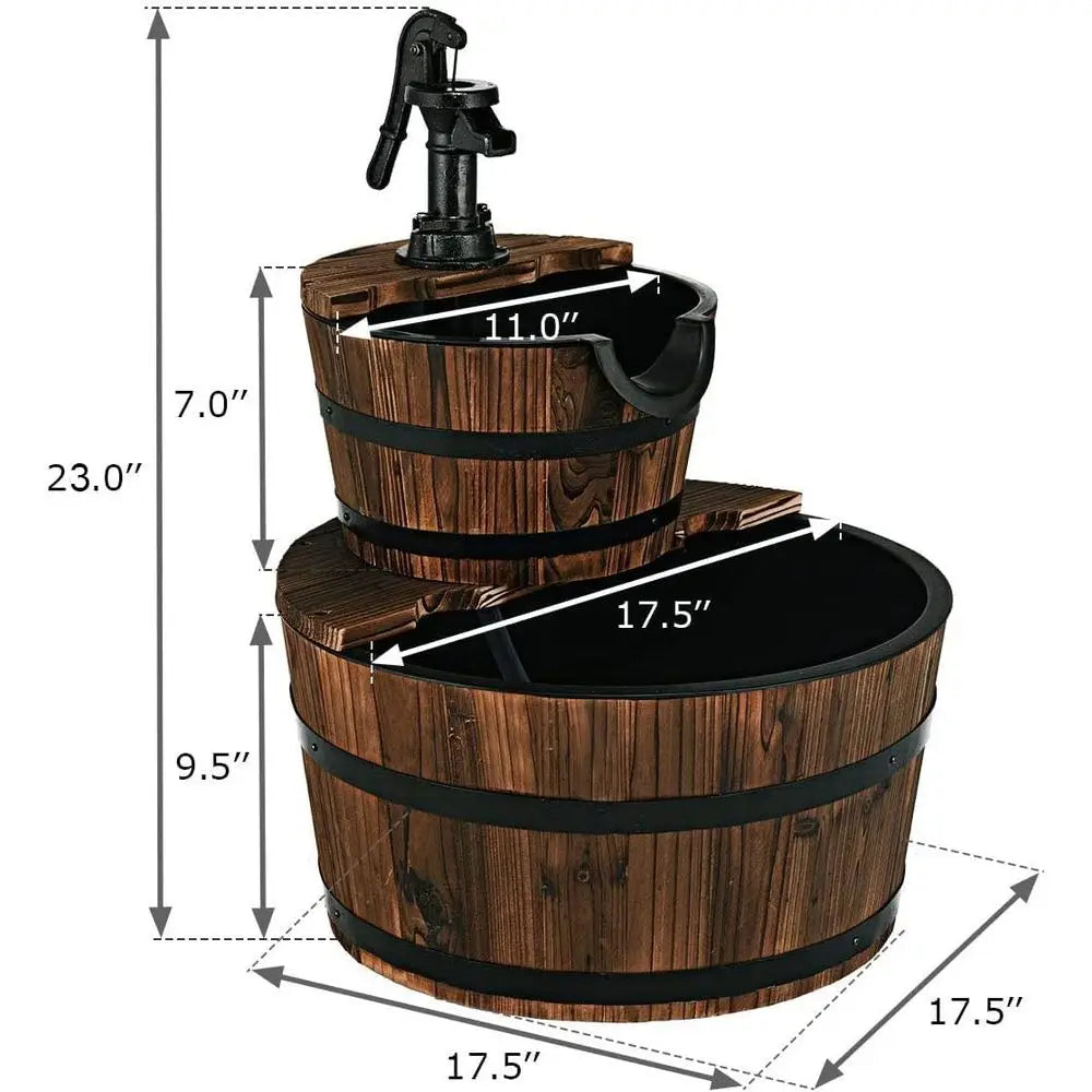 Water Fountain- 2-Tier Barrel Waterfall Fountain, Outdoor, Rustic Wood Barrel, Cascading Water Fountain with Electric Pump, Outdoor Water Feature