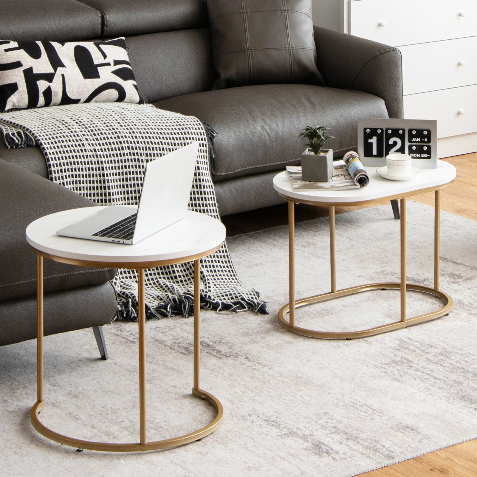 Coffee Table-Nesting Coffee Table, Modern Set of 2 Marble Coffee Table, Coffee Side Table Set, Living Room Coffee Table