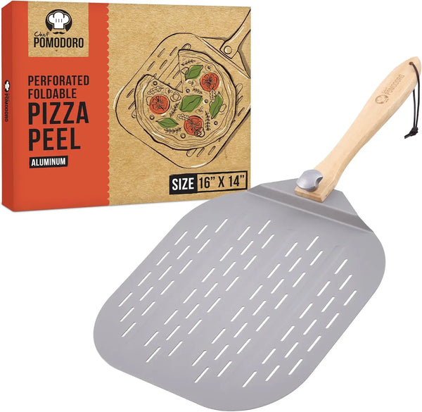 Pizza Peel with Foldable Wood Handle for Easy Storage, Aluminum, 16-Inch, Baking Homemade Pizzas