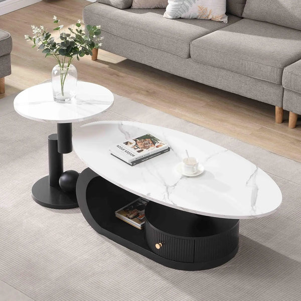Coffee Table-Modern with Silver Stainless Steel Pedestal, Oval, Living Room Table, with Faux Marble Top, & Luxury, Customized