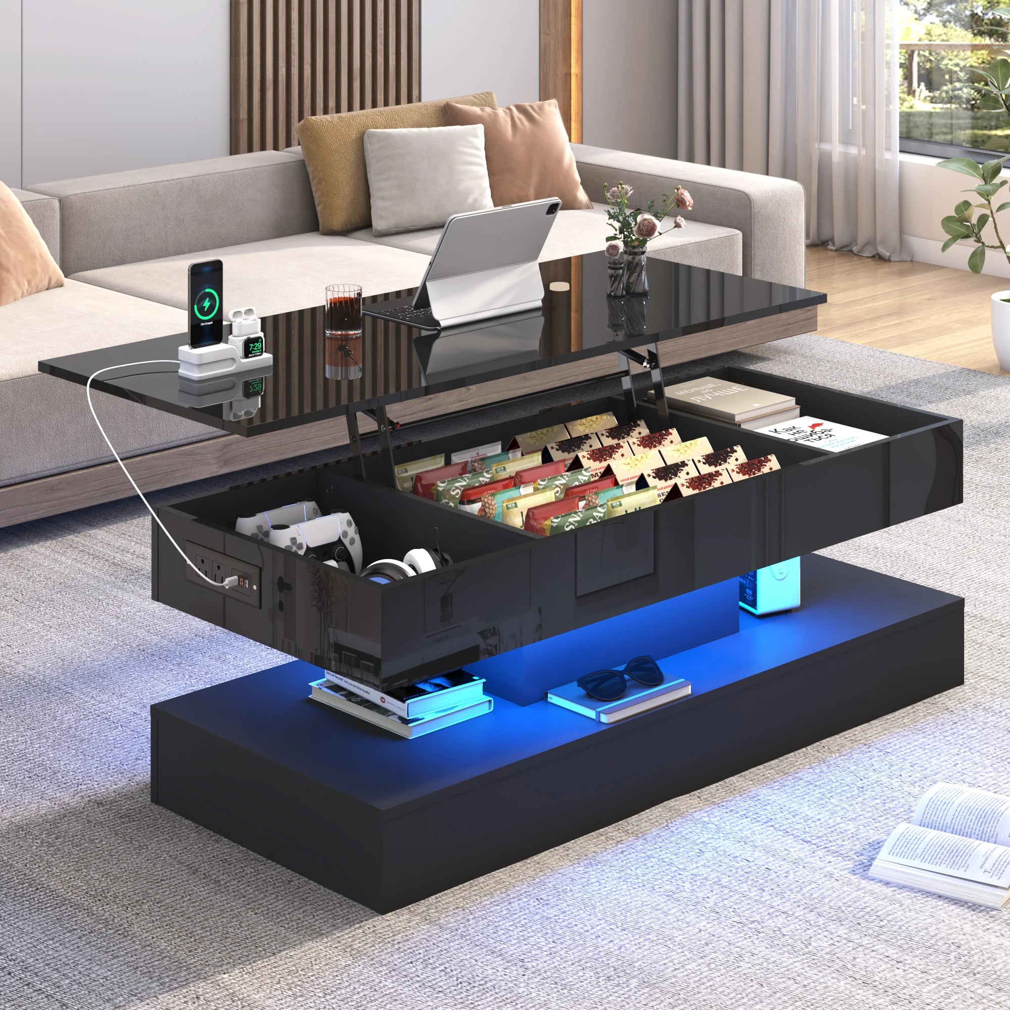 Coffee Table - Modern LED - Grey Marble Nesting (Set of 2) with Round End - Waterproof Surface & Metal Legs