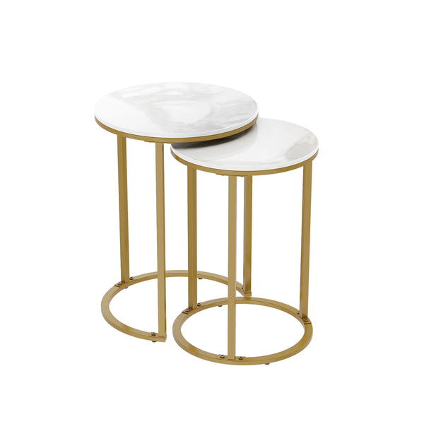 Accent Table-Sintered Stone Round, Metal Base, Set of 2 Nesting, Side Accent Table, Living Room, Storage, Small End Table