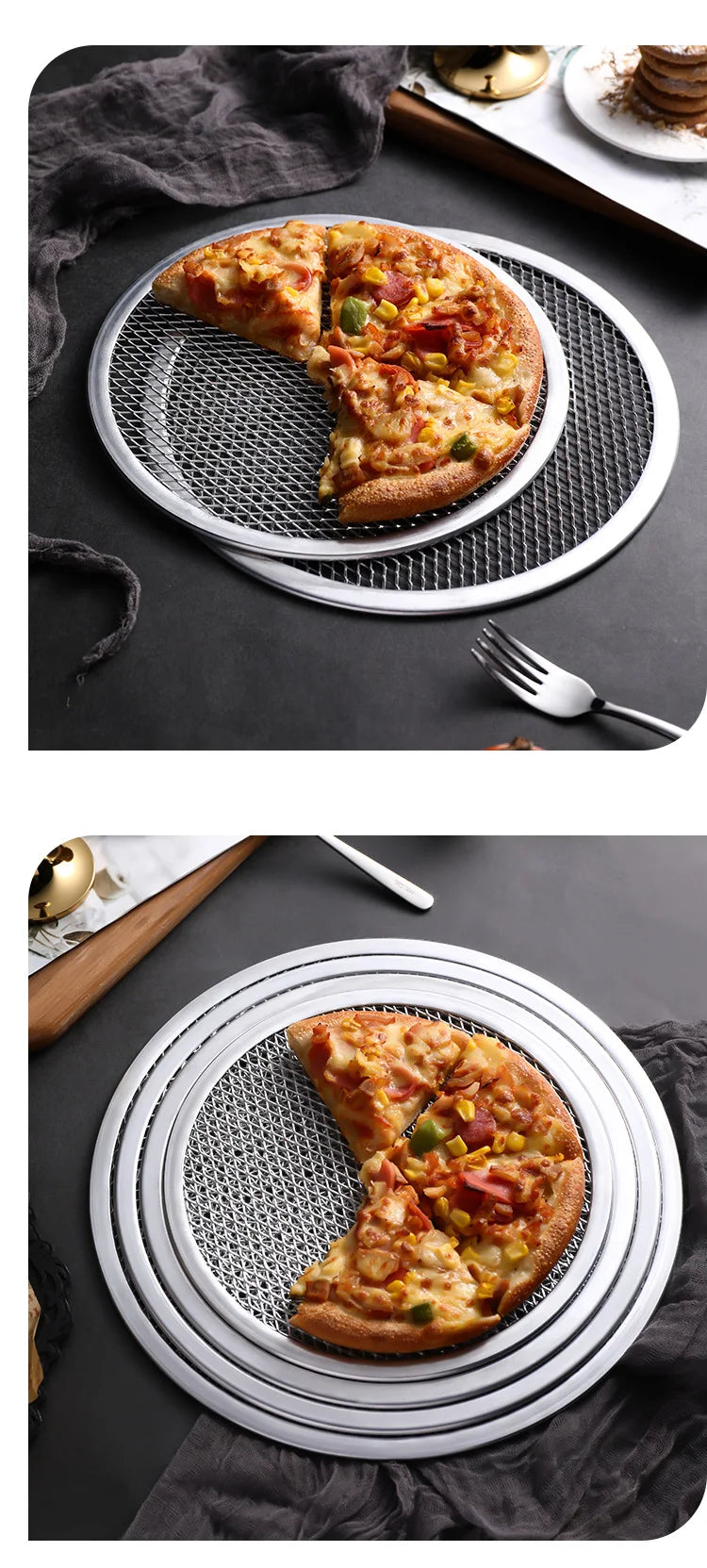 Kitchen-Round Pizza Baking Trays – 8/10/12/14" Non-Stick Aluminum Mesh Screens for Oven & Homemade Pizza
