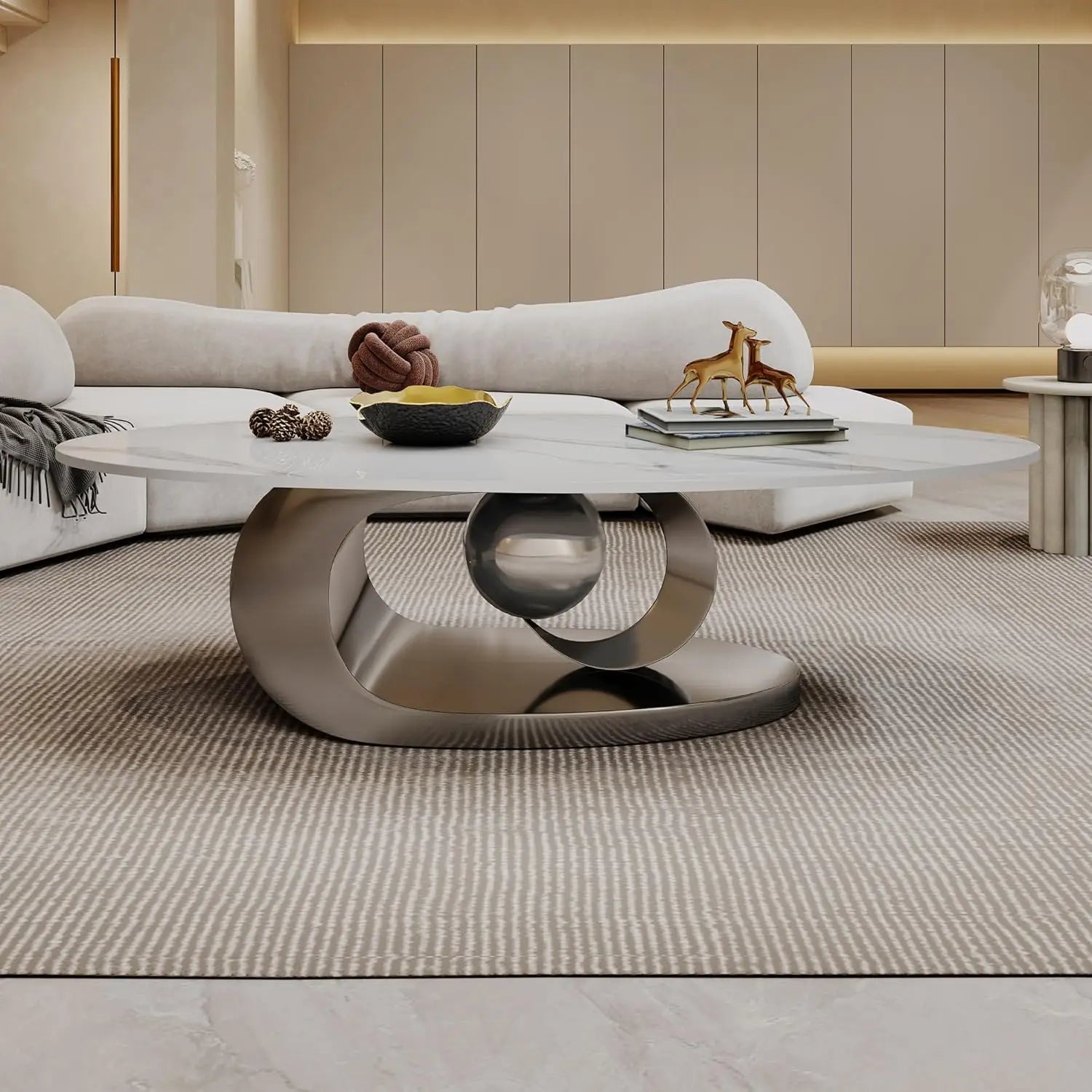 Coffee Table-Modern with Silver Stainless Steel Pedestal, Oval, Living Room Table, with Faux Marble Top, & Luxury, Customized