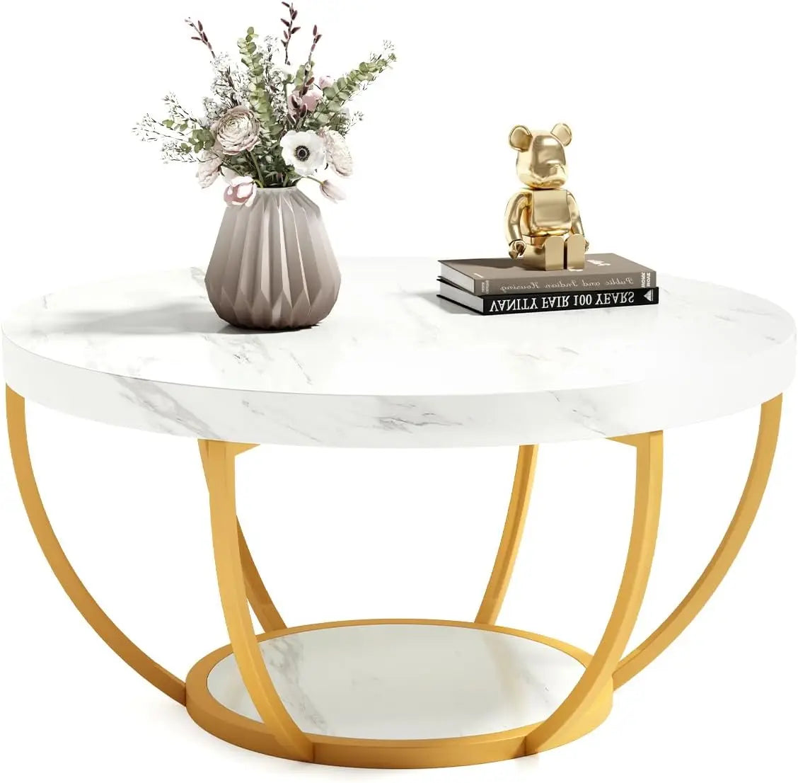 Accent Table-Circle Marble 32 inch – Modern Stylish 2-Tier Center Table with Golden Frame for Living Room