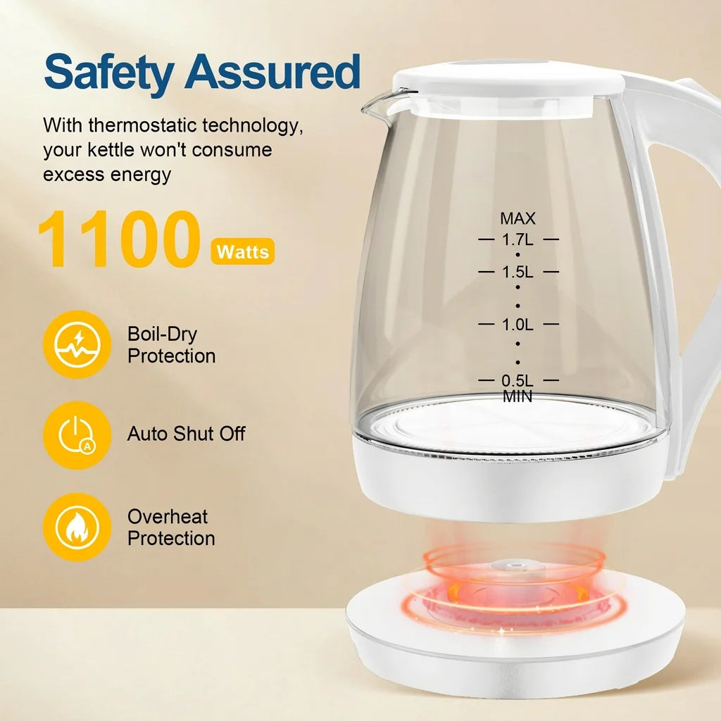 Electric Kettle- Electric Kettle with Water Dispenser - 1.7L Elegant Glass Tea Pot, 1100W Fast Boiling, LED Indicator, Auto-Shutoff