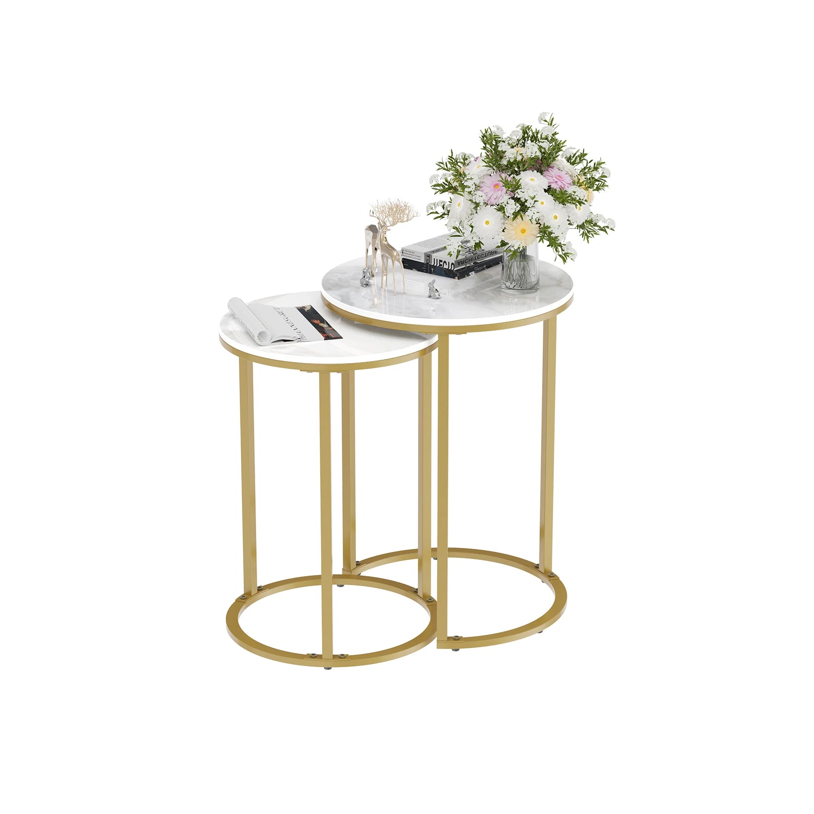 Accent Table Set-Nesting-Sintered Stone Round, Metal Base, Side Accent Table, Living Room, Storage, Small End Table