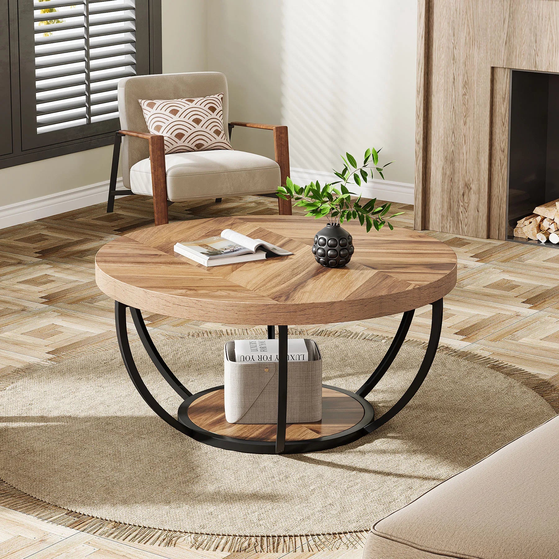 Coffee Table-Tribesigns 31.7 inch Round Coffee Table, Industrial 2-Tier Circle Coffee Table with Storage Shelves, Modern Wooden Accent Table