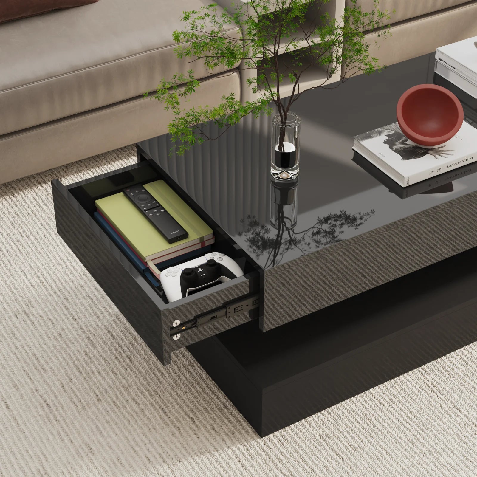 Coffee Table-47.2 High Glossy LED Coffee Table, Modern Center Table with 2 Storage Drawers for Living Room