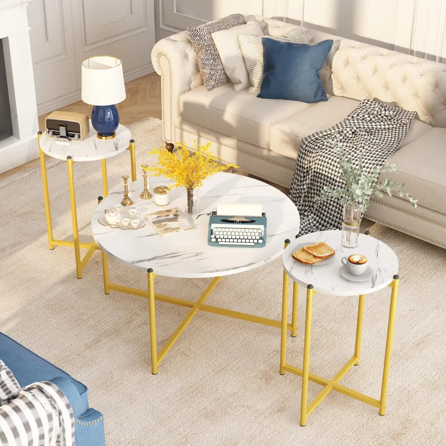 Coffee Table Set -Faux Marble Top Coffee Table Set Golden Frame 1 Coffee & 2 Accent Tables, Grey Customized, Living Room, Apartment, Office
