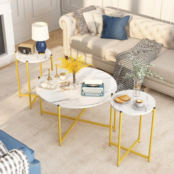 Coffee Table Set -Faux Marble Top Coffee Table Set Golden Frame 1 Coffee & 2 Accent Tables, Grey Customized, Living Room, Apartment, Office