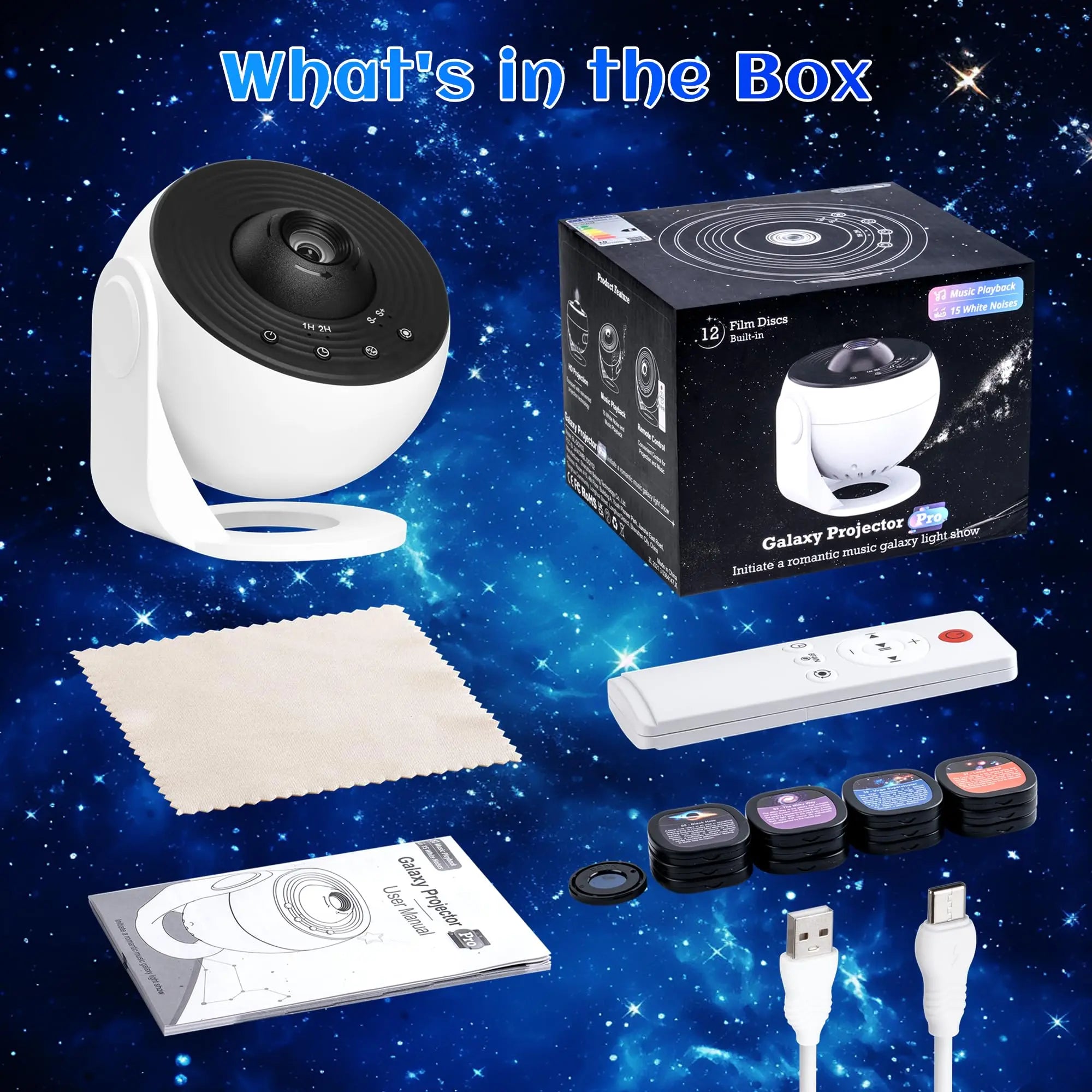 Galaxy Projector-Pro Version HD, 12 in 1 Film Discs, Star Projector, Galaxy Light Planetarium Projector, with Timer, White Noise, 360 ° Rotation, Bluetooth Remote Control