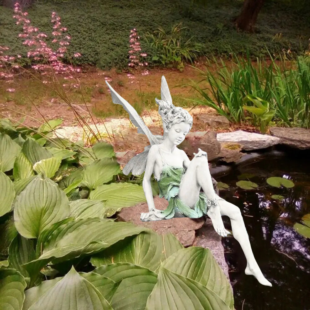 Resin Figurine - Outdoor Fairy Sculpture – Sitting Angel Ornament for Garden, Patio, or Lawn Decoration