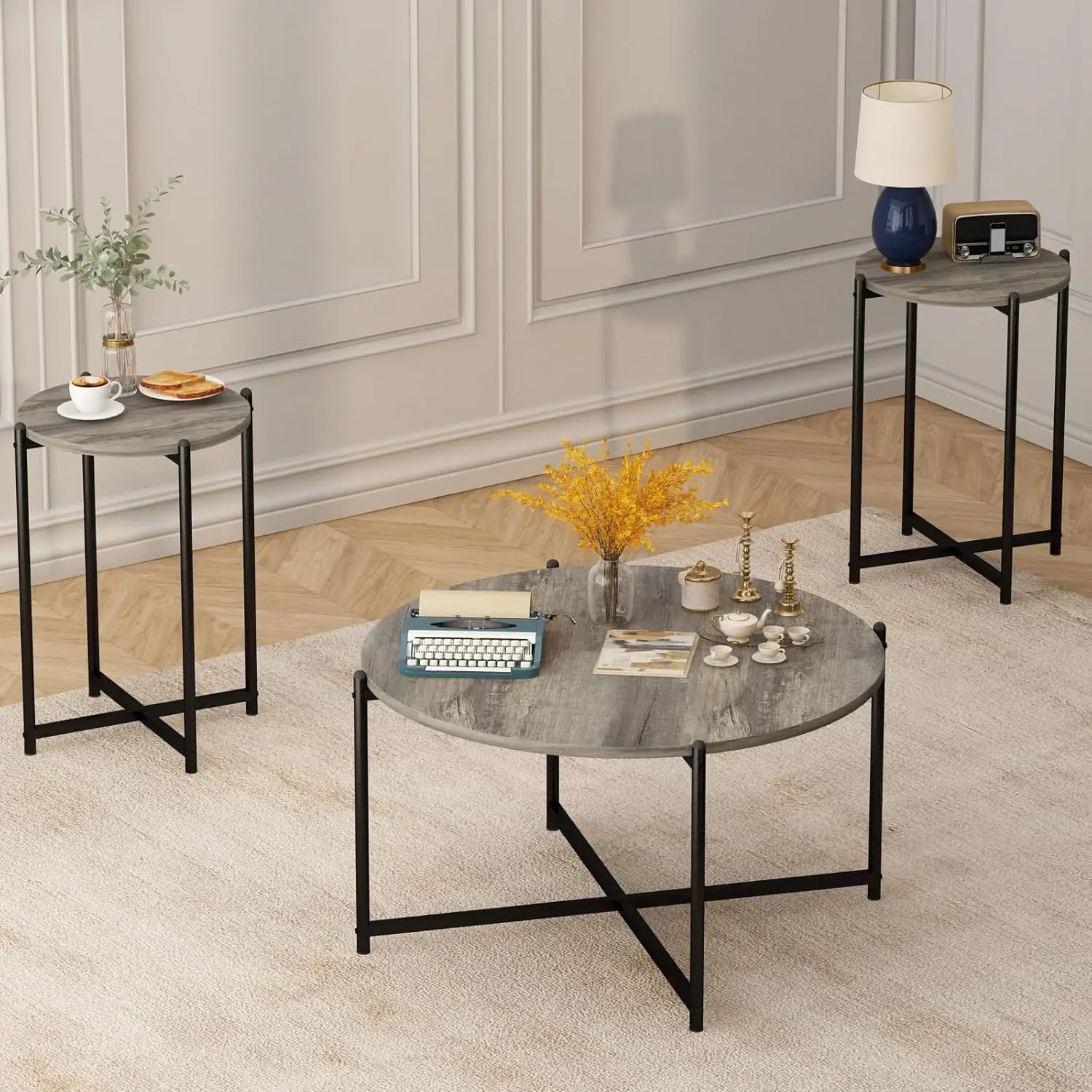 Coffee Table Set -Faux Marble Top Coffee Table Set Golden Frame 1 Coffee & 2 Accent Tables, Grey Customized, Living Room, Apartment, Office