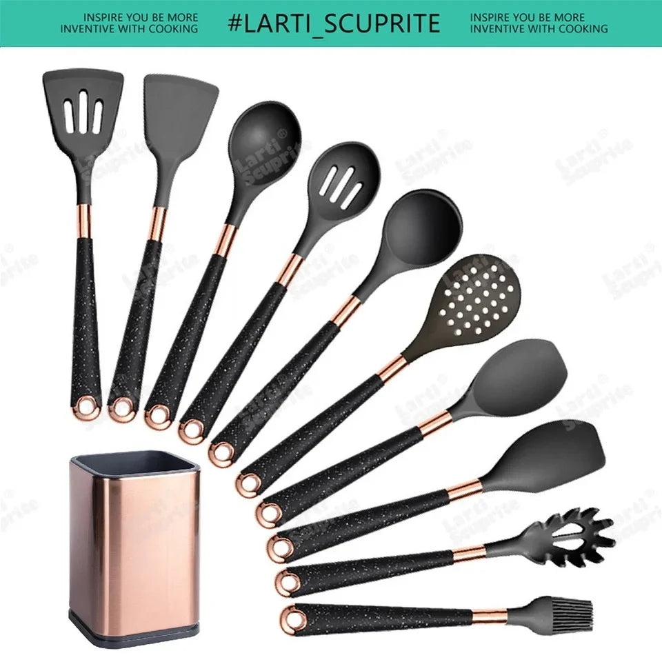 Kitchen- Heat-Resistant Silicone Cooking Set with Gold-Plated Handles – BPA-Free Kitchen Gadgets