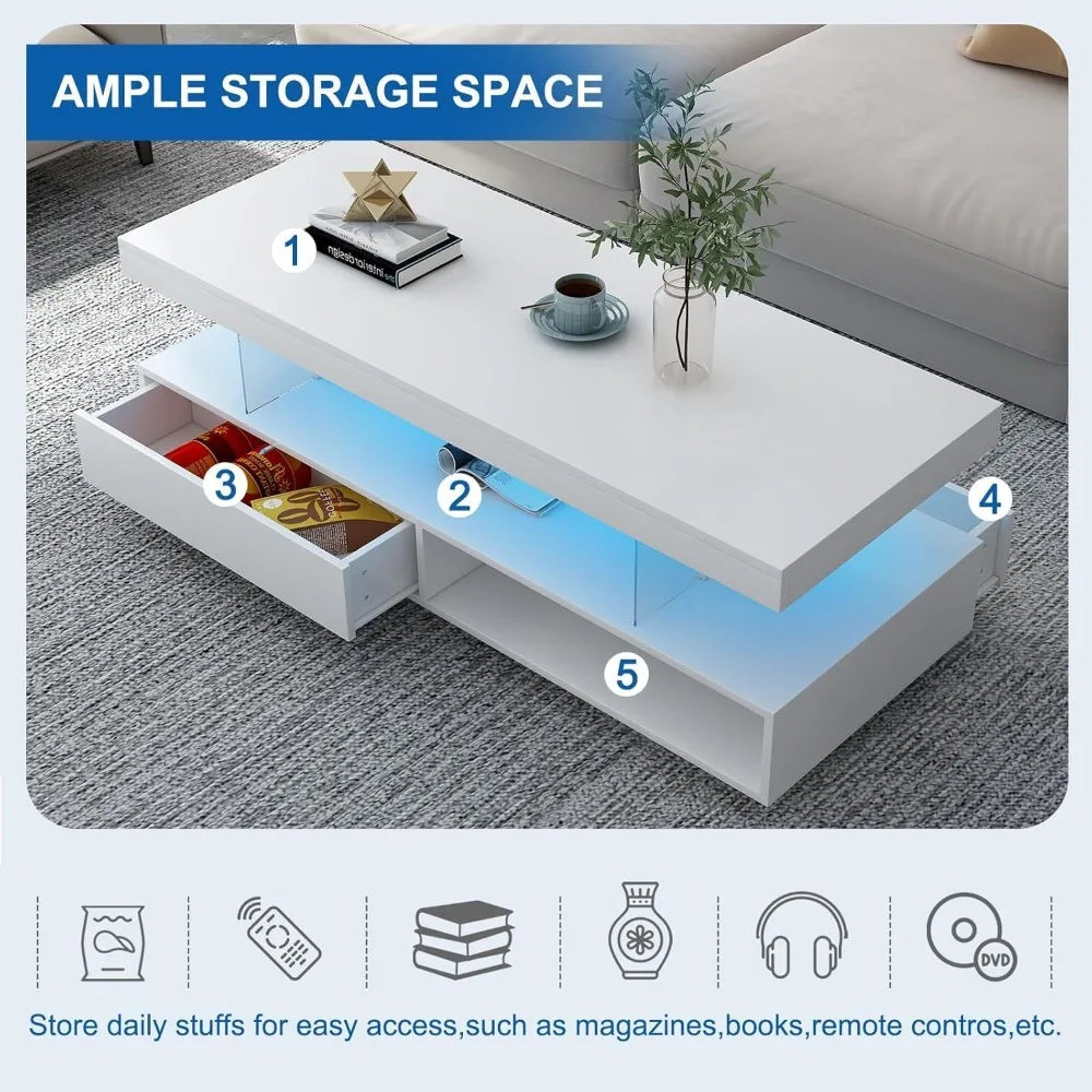 Coffee Table - Modern LED - 2 Tiers White Gloss - with Storage Shelf, Stylish Living Room Centerpiece