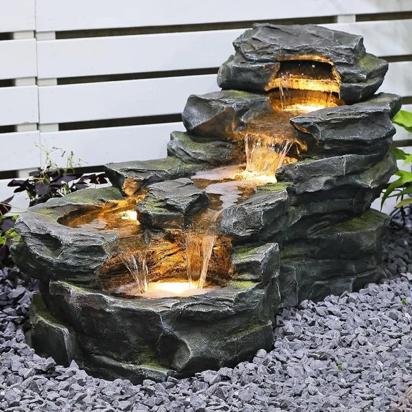 Water Fountain-LED Lights, Rock Natural Waterfall, Garden Outdoor, Floor Standing 37 in, 5-Tiers, Patio