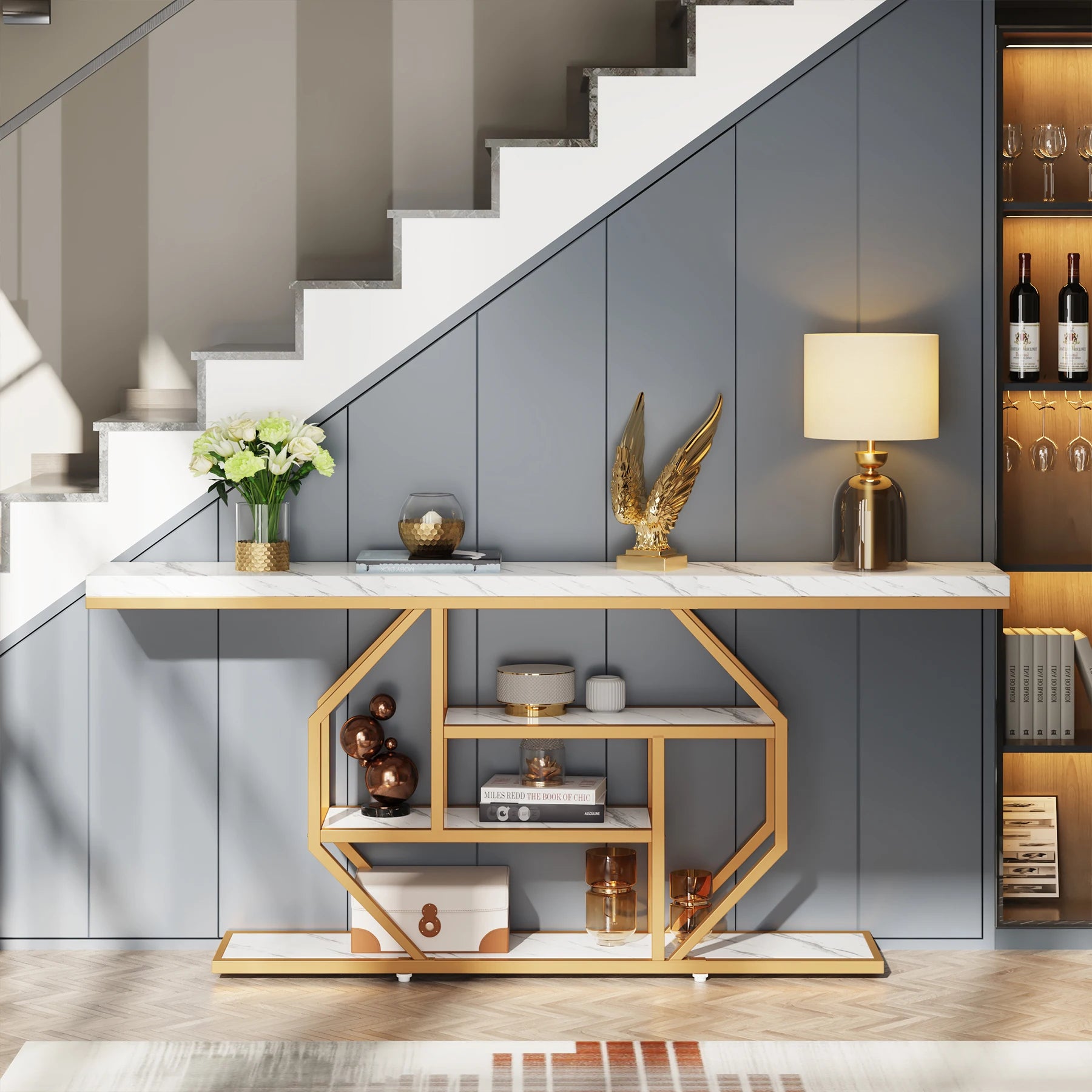 Accent Table-Modern Console Table, Gold, Sofa Table, Behind Couch, 4 Tier Storage, Entryway, Tribesigns