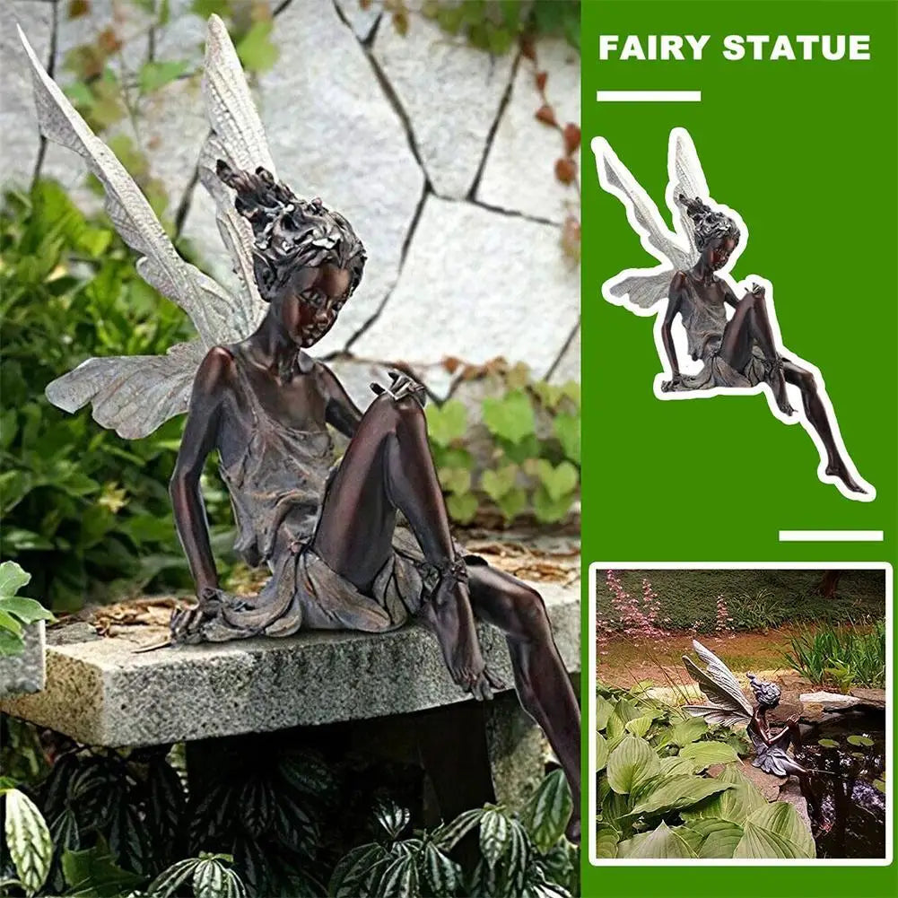 Figurines-Flower Fairy Resin Statue Decoration Outdoor Garden Angel Girl Sitting Figurines Sculpture Landscaping Yard Art Ornament