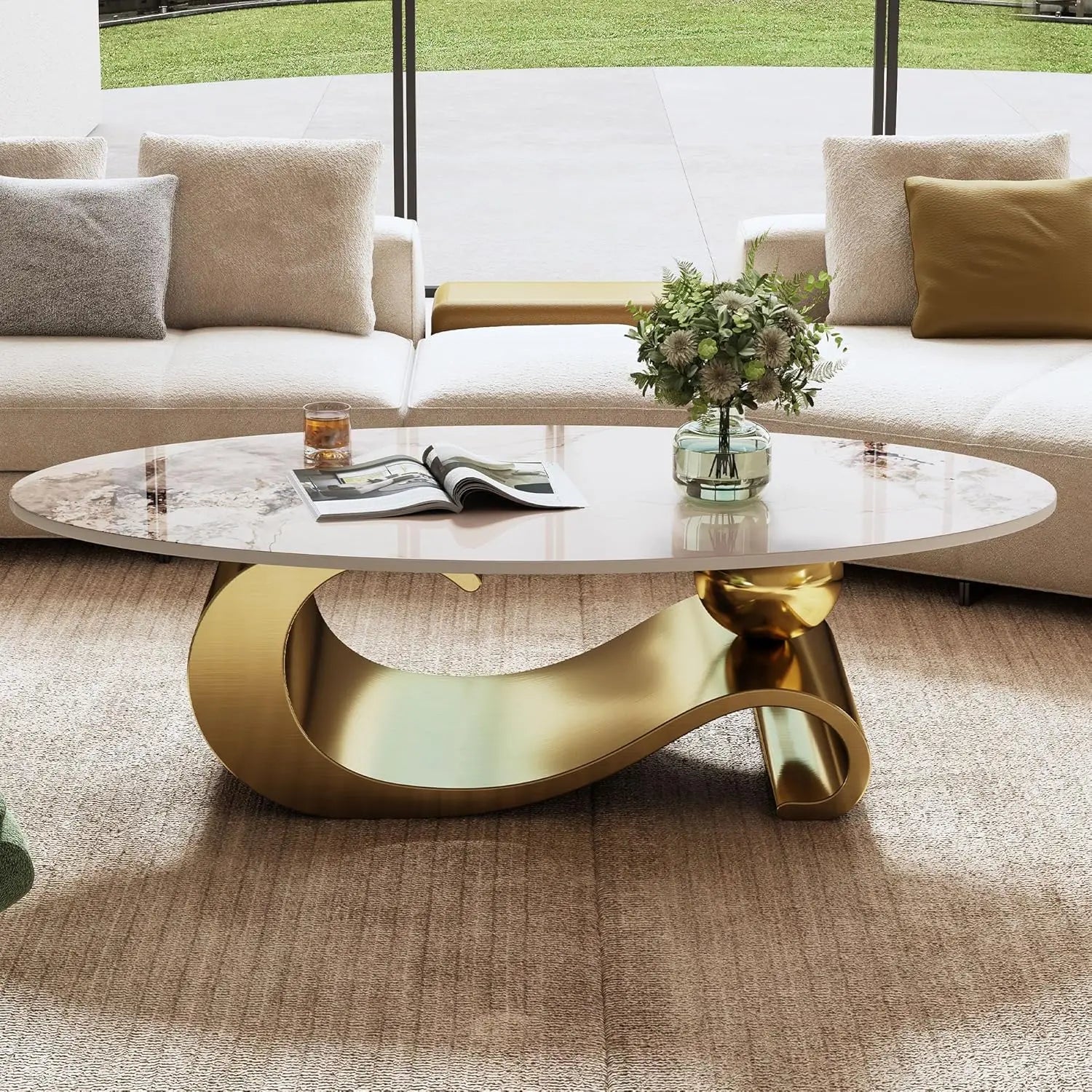 Coffee Table-Modern with Silver Stainless Steel Pedestal, Oval, Living Room Table, with Faux Marble Top, & Luxury, Customized