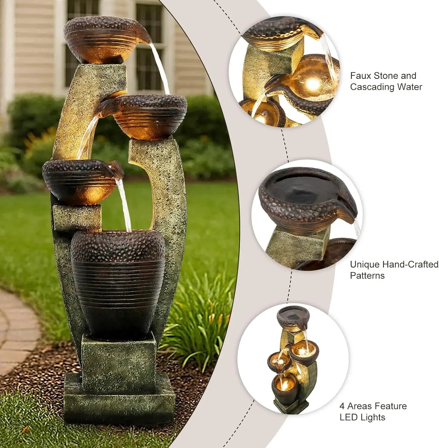Water Fountain-LED Lights, 4-Tier Crocks, 40 in Tall, Outdoor Waterfall, Large Garden Fountain